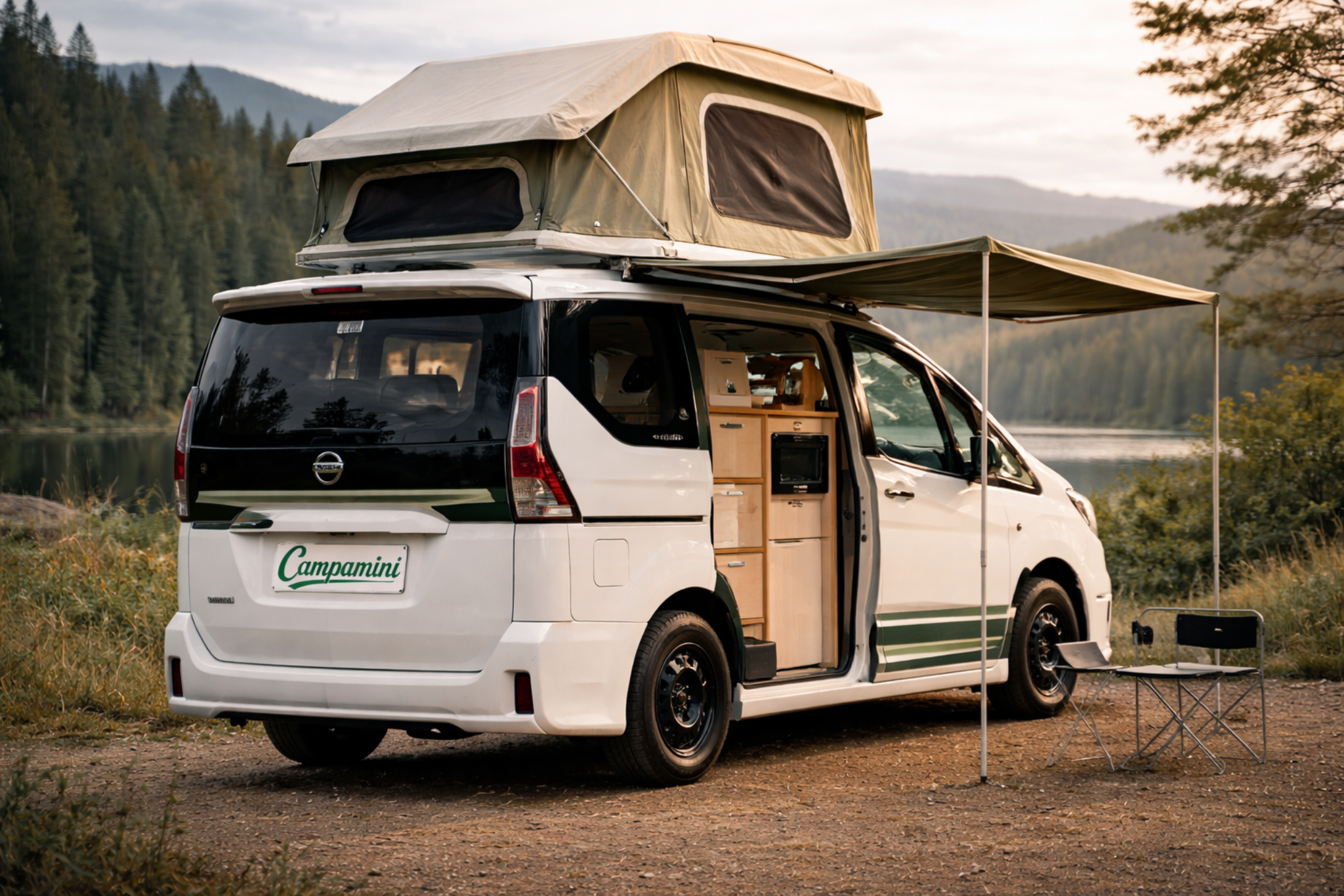 2021 Nissan Serena converted camper in wilderness setting with Campamini plate